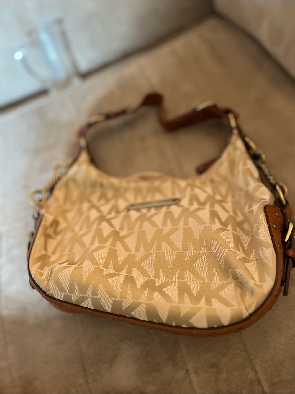 Michael Kors Beige MK Monogram Shoulder Bag with Tan Trim